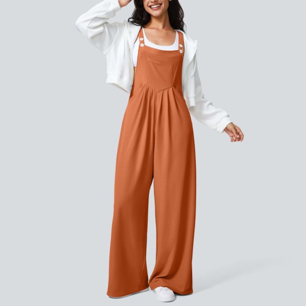 HALARA Wide-Leg Waffle Jumpsuit Overalls in Terracotta Orange
